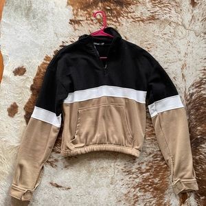 Black/Tan/White block Crop Sweater with 3/4 Zip